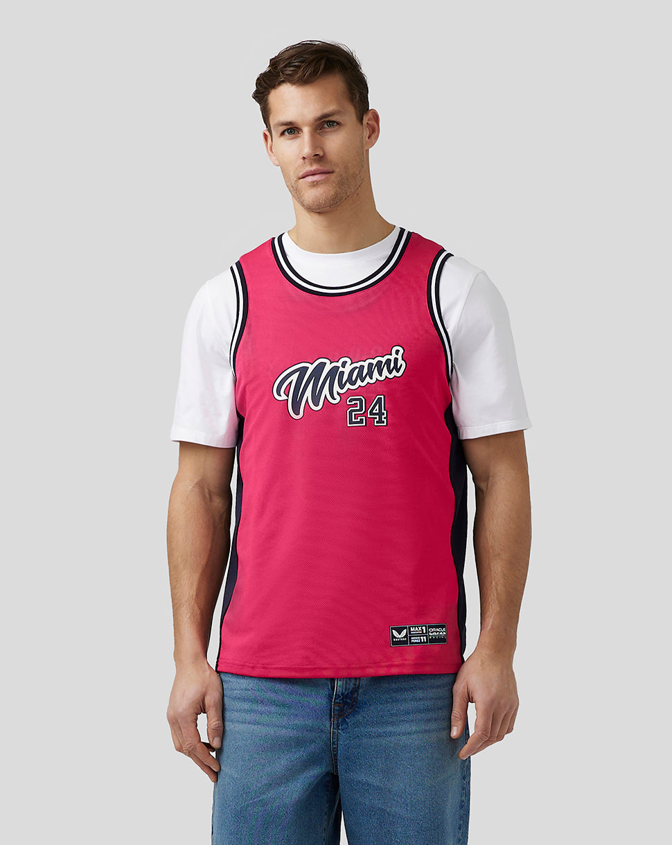 Back view of pink Miami basketball jersey showing bold Miami script and the number 24.