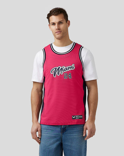 Back view of pink Miami basketball jersey showing bold Miami script and the number 24.