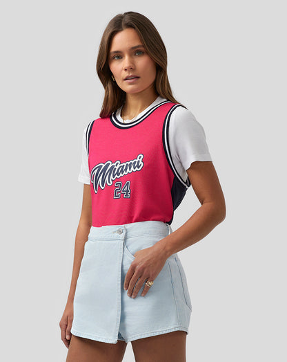 Front view of a pink Miami basketball jersey with Miami script and the number 24 on the chest