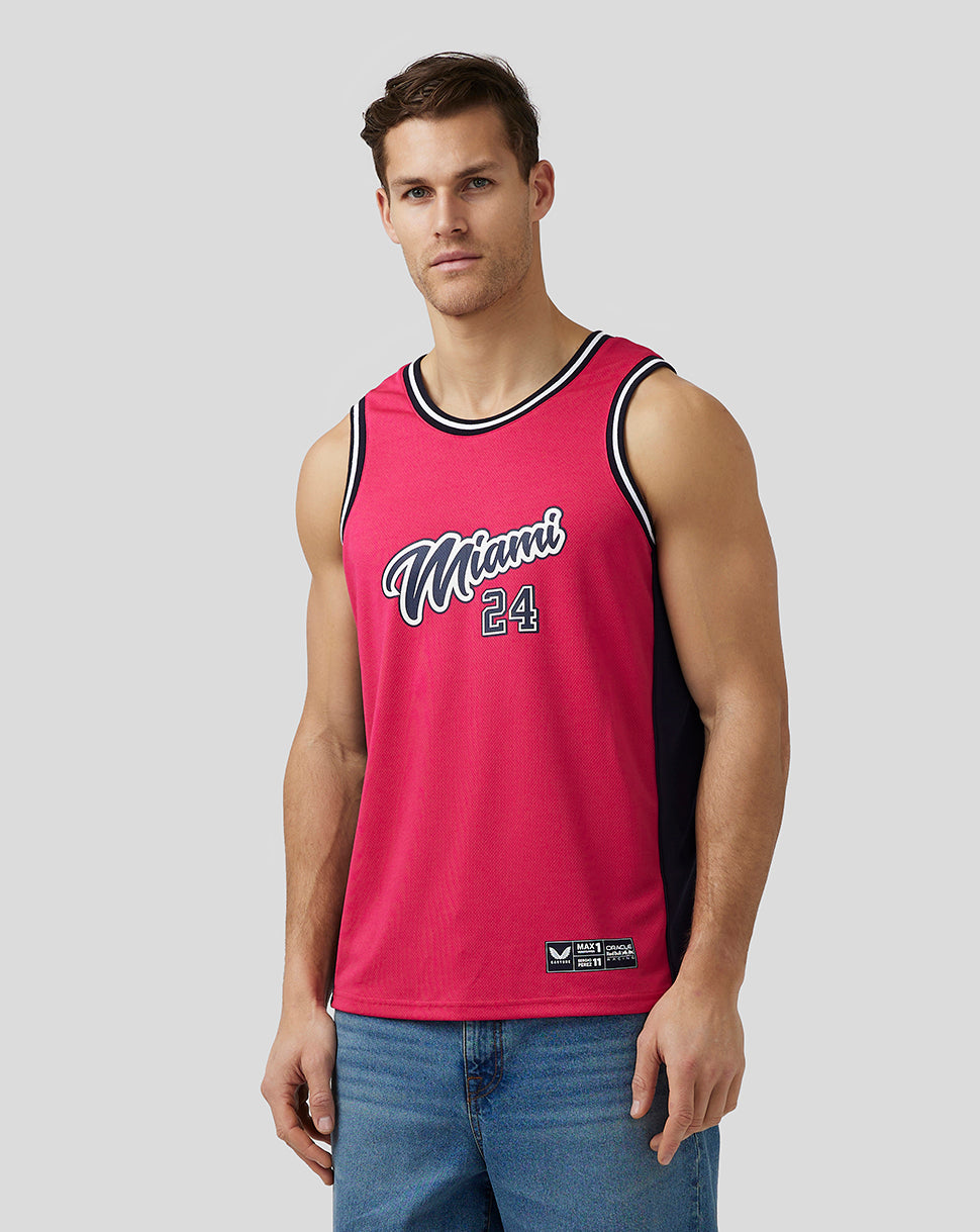 Unisex pink Miami basketball jersey with Miami 24 graphic on chest