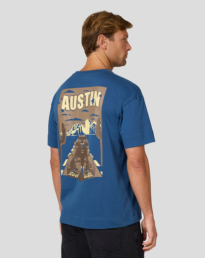 Back view of blue Oracle Red Bull Racing Austin T Shirt with large Austin graphic and desert scene