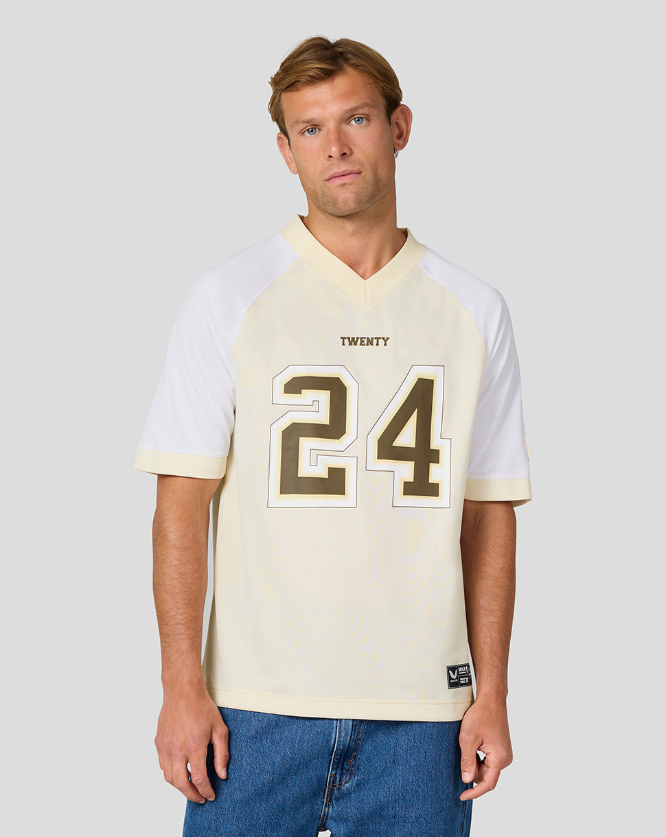 Male model in cream and white Oracle Red Bull Racing Austin football jersey with large 24 on front.