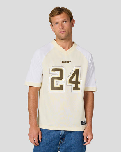 Male model in cream and white Oracle Red Bull Racing Austin football jersey with large 24 on front.