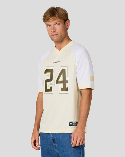Male model in cream and white Oracle Red Bull Racing Austin Football Jersey with large 24 on front