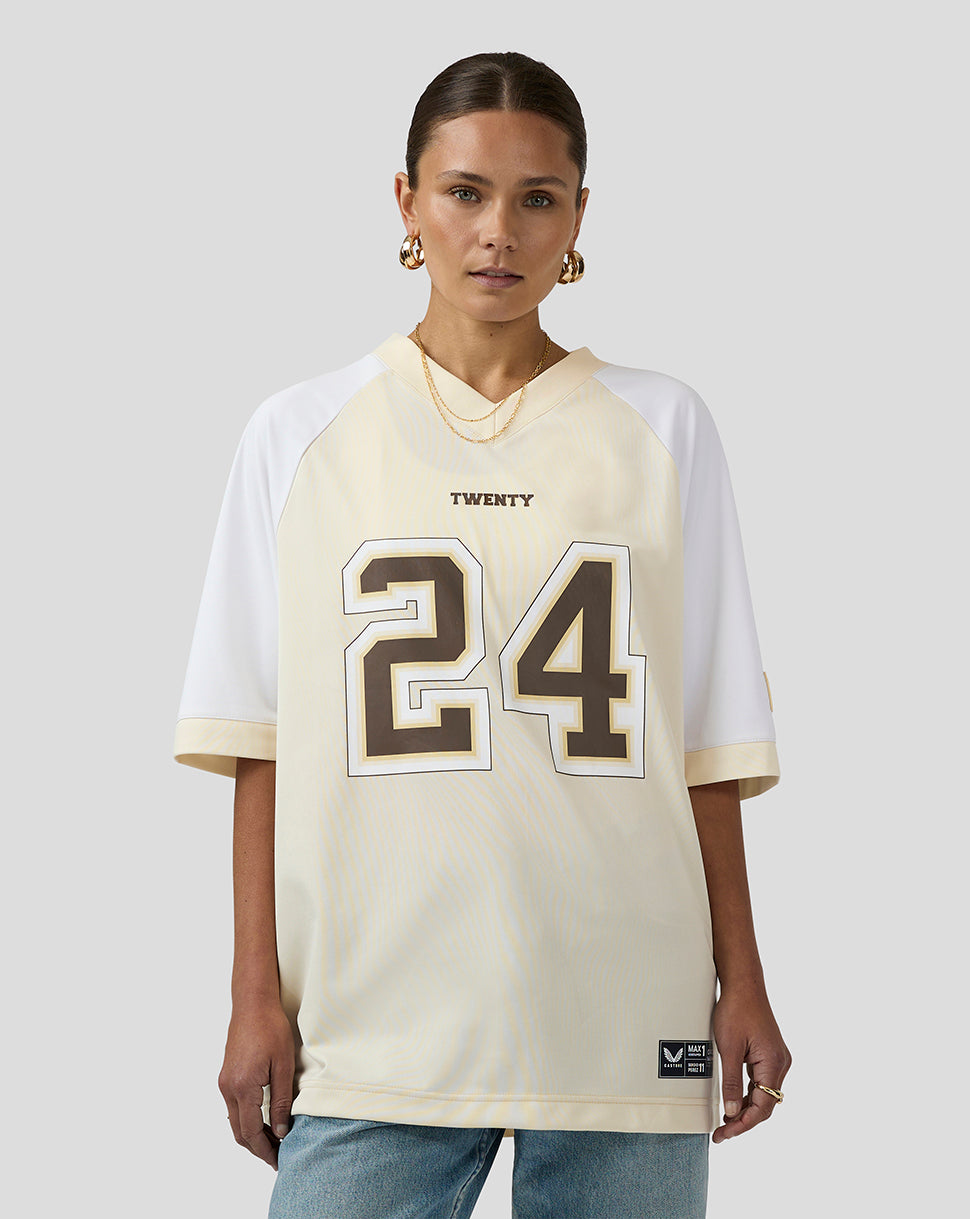 Female model wearing cream and white Oracle Red Bull Racing Austin Football Jersey with bold 24 on front