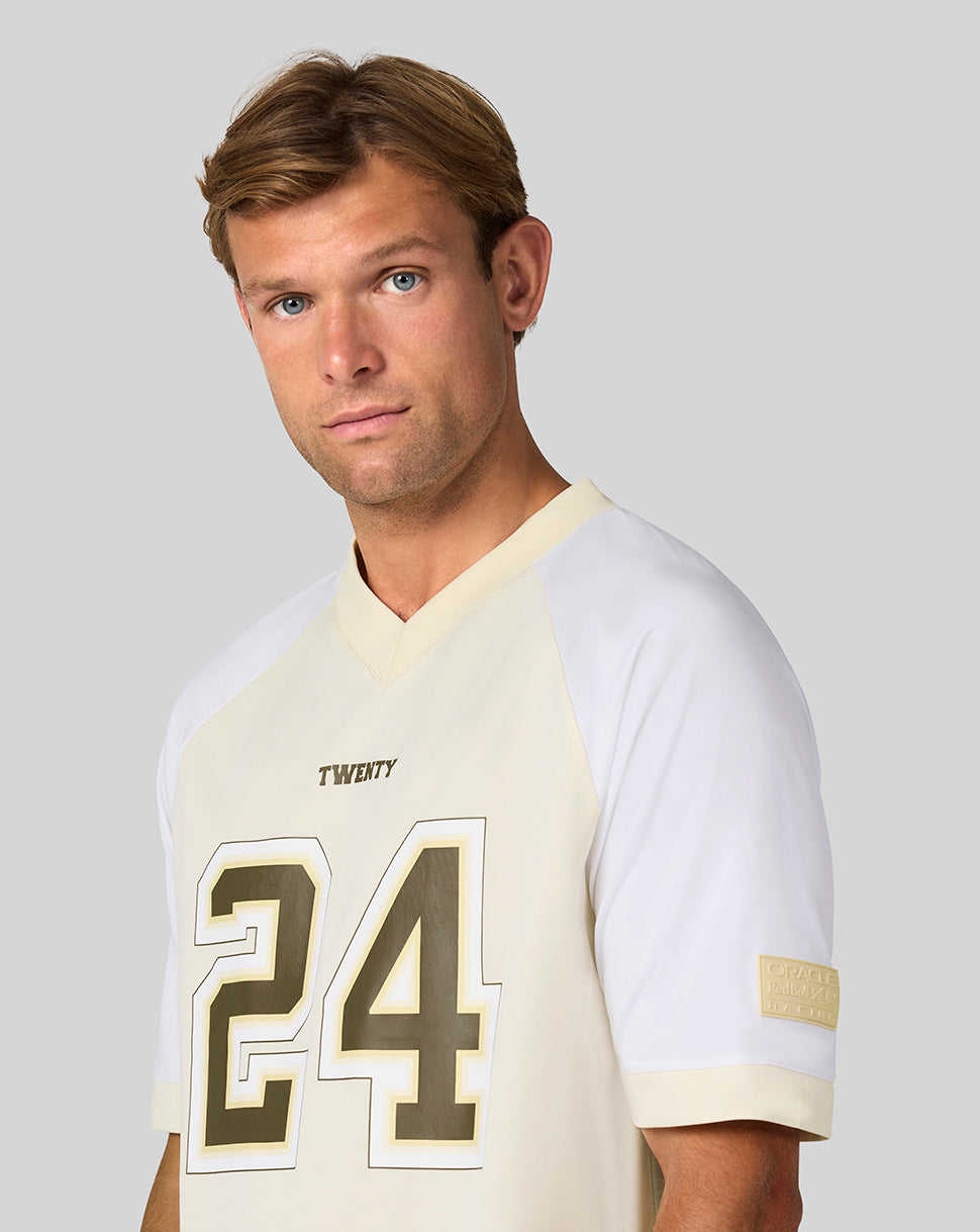 Front view of cream Oracle Red Bull Racing Austin football jersey showing large gold 24 on the chest with TWENTY above and a GRACE patch on the left sleeve