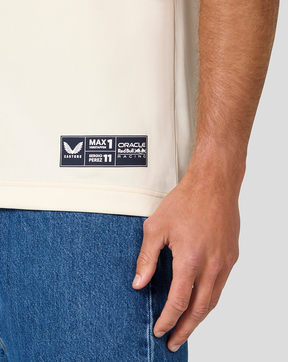 Detail of the lower front patch on a cream Oracle Red Bull Racing Austin Football Jersey