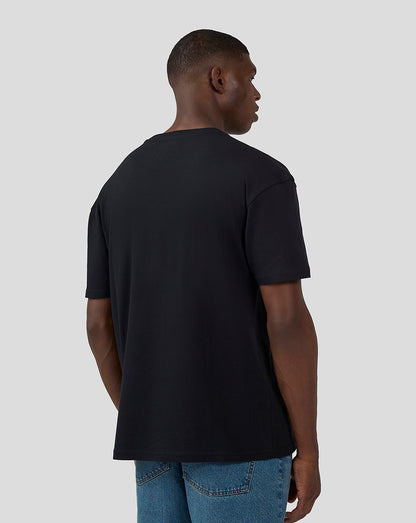 Back view of a man wearing a plain black Oracle Red Bull Racing Las Vegas T Shirt.