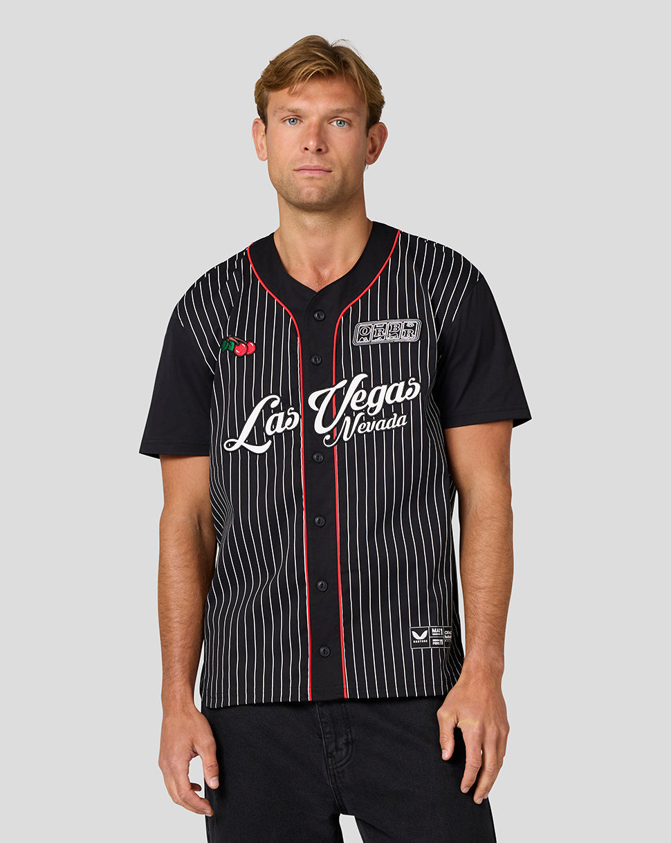 Front view of black Las Vegas baseball jersey with white pinstripes red piping and Las Vegas Nevada script.