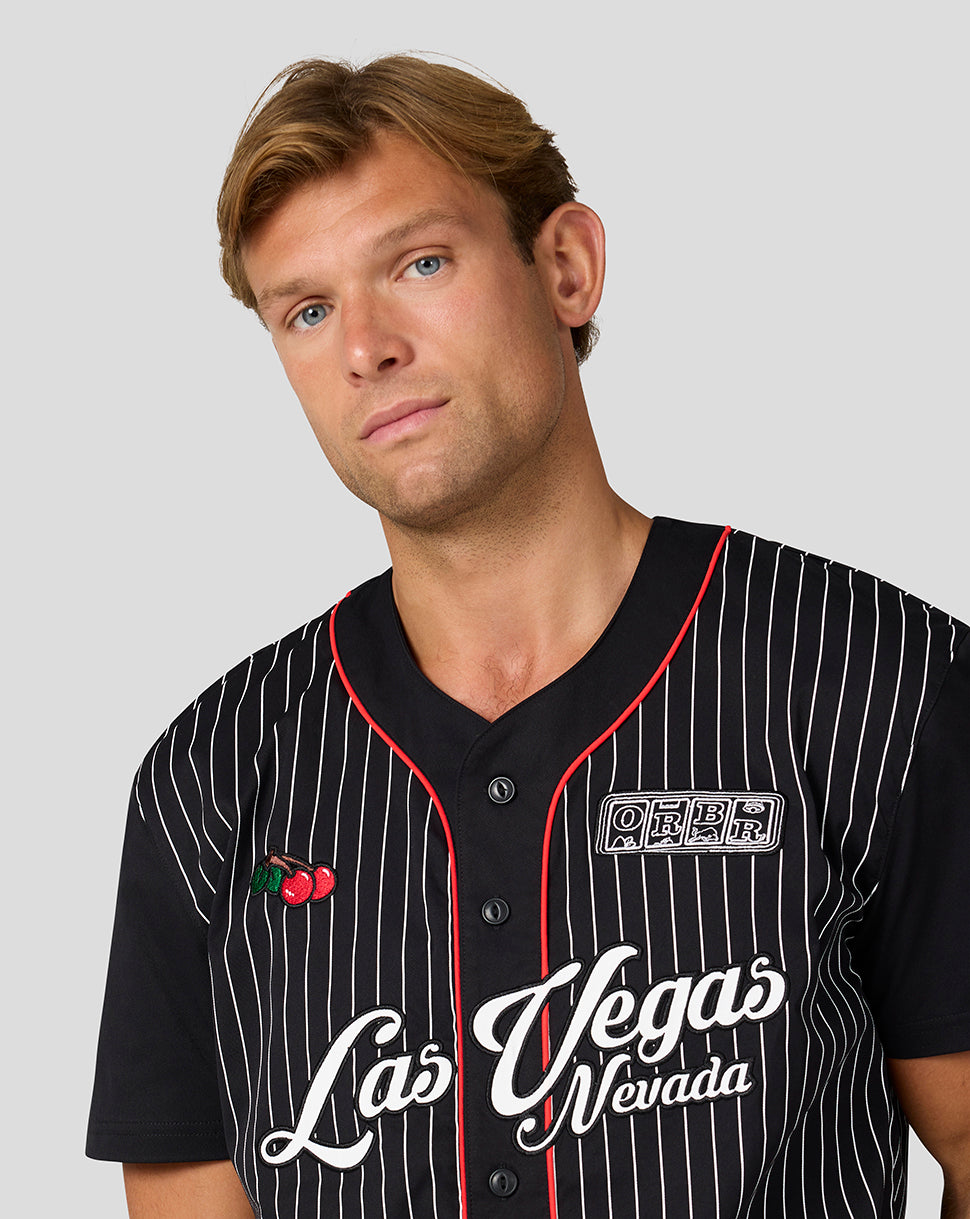 Black Las Vegas pinstripe baseball jersey with red piping, cherry embroidery on the chest, and an ORBR emblem