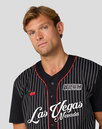 Black Las Vegas pinstripe baseball jersey with red piping, cherry embroidery on the chest, and an ORBR emblem