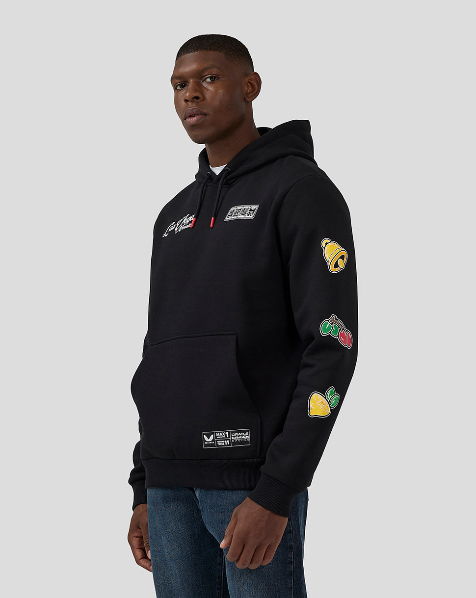 Black Oracle Red Bull Racing Las Vegas hoodie featuring Las Vegas text on chest and fruit patches on the sleeve