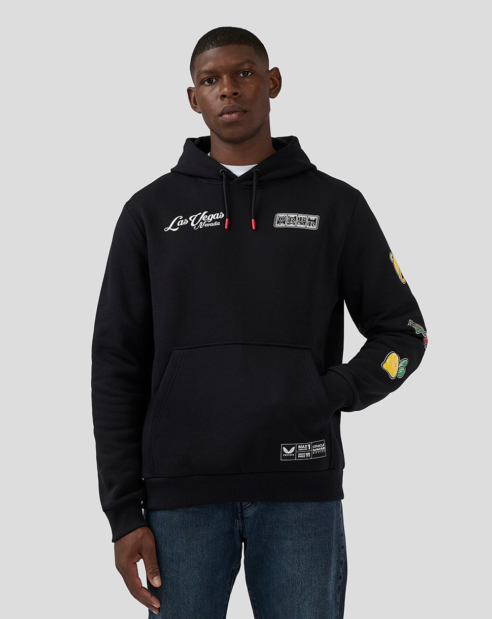 Black Las Vegas edition hoodie with chest logo and colorful fruit patches along the sleeve
