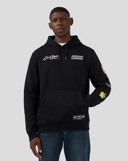 Black Las Vegas edition hoodie with chest logo and colorful fruit patches along the sleeve
