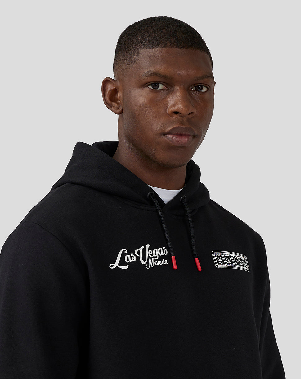 Front view of a black Las Vegas Oracle Red Bull Racing Hoodie with Las Vegas script and Oracle logo on chest, red drawstrings