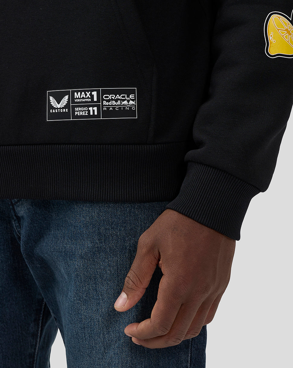 Close up of the lower back area of a black Oracle Red Bull Racing Las Vegas Hoodie showing a white sponsor patch with team logos