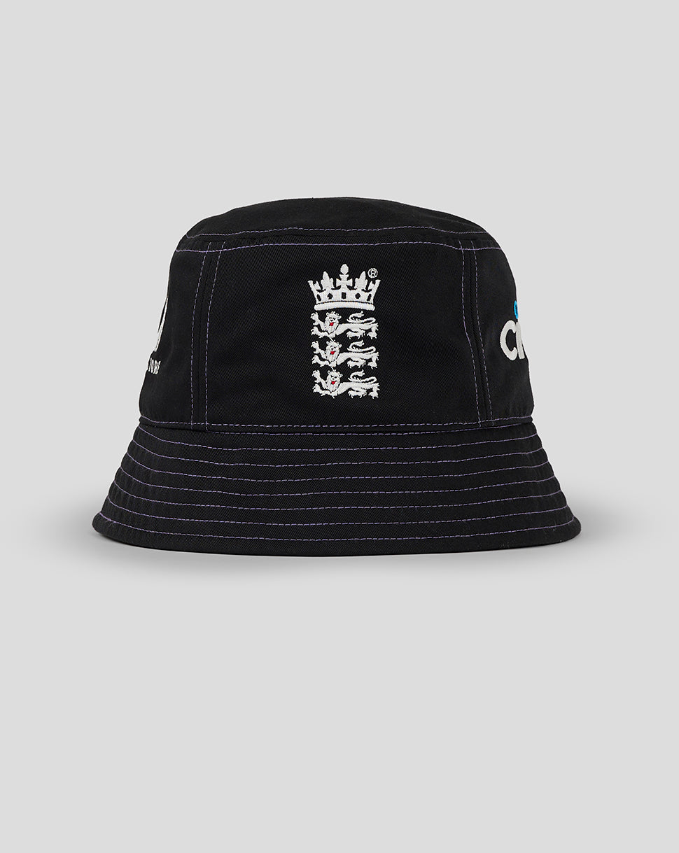 Black England cricket training bucket hat with white crest on front and purple stitching on the brim