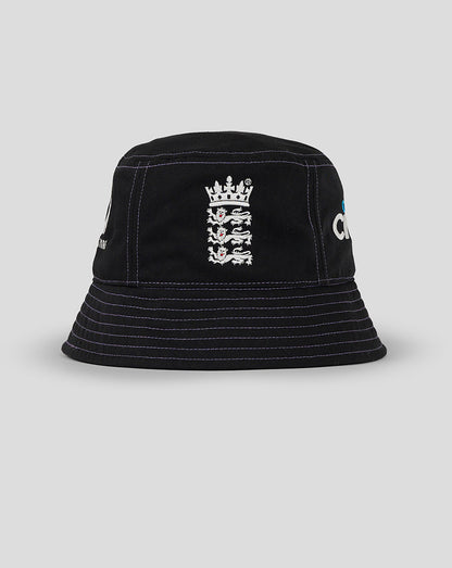 Black England cricket training bucket hat with white crest on front and purple stitching on the brim
