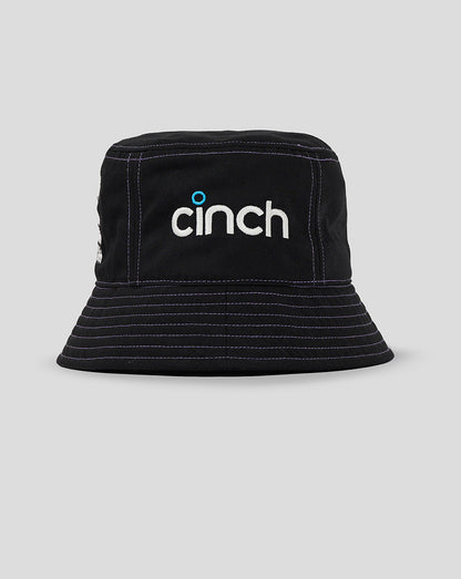 Black bucket hat with cinch branding on the side