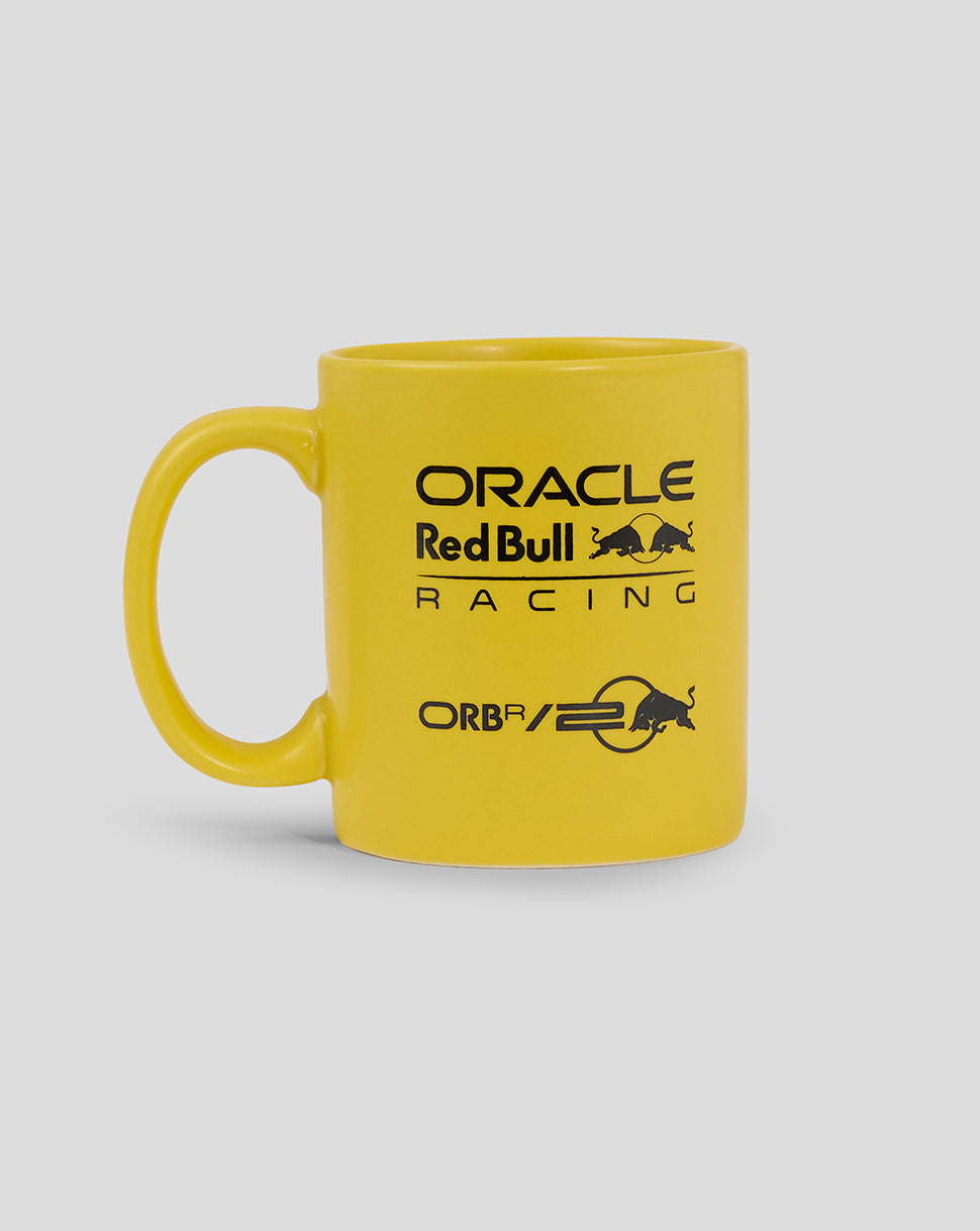 Yellow mug featuring Oracle Red Bull Racing logos for the 20th anniversary