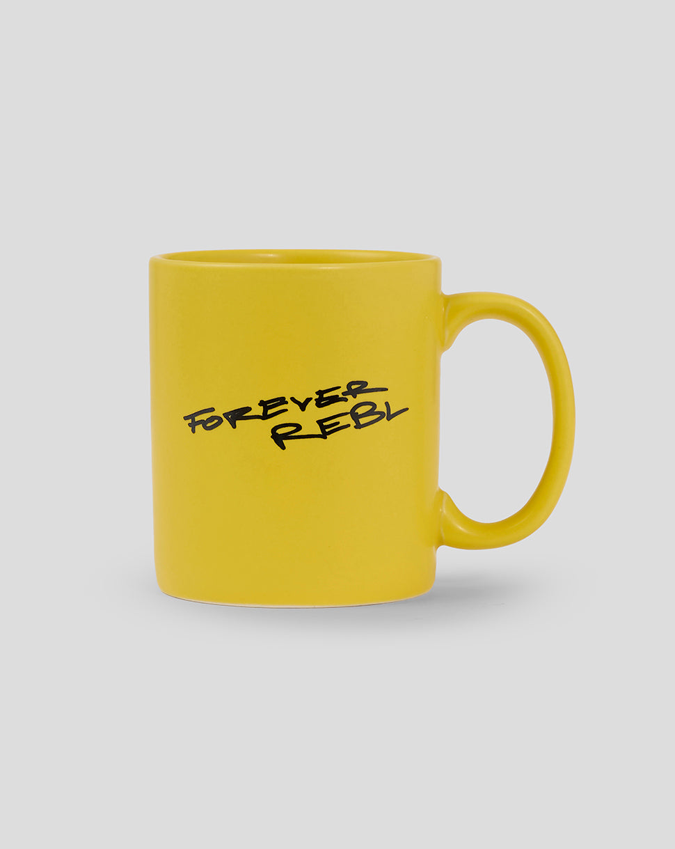 Bright yellow Oracle Red Bull Racing 20th anniversary mug with black scribbled logo text
