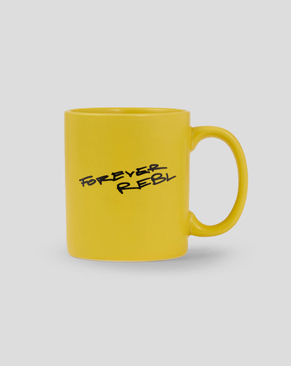 Bright yellow Oracle Red Bull Racing 20th anniversary mug with black scribbled logo text