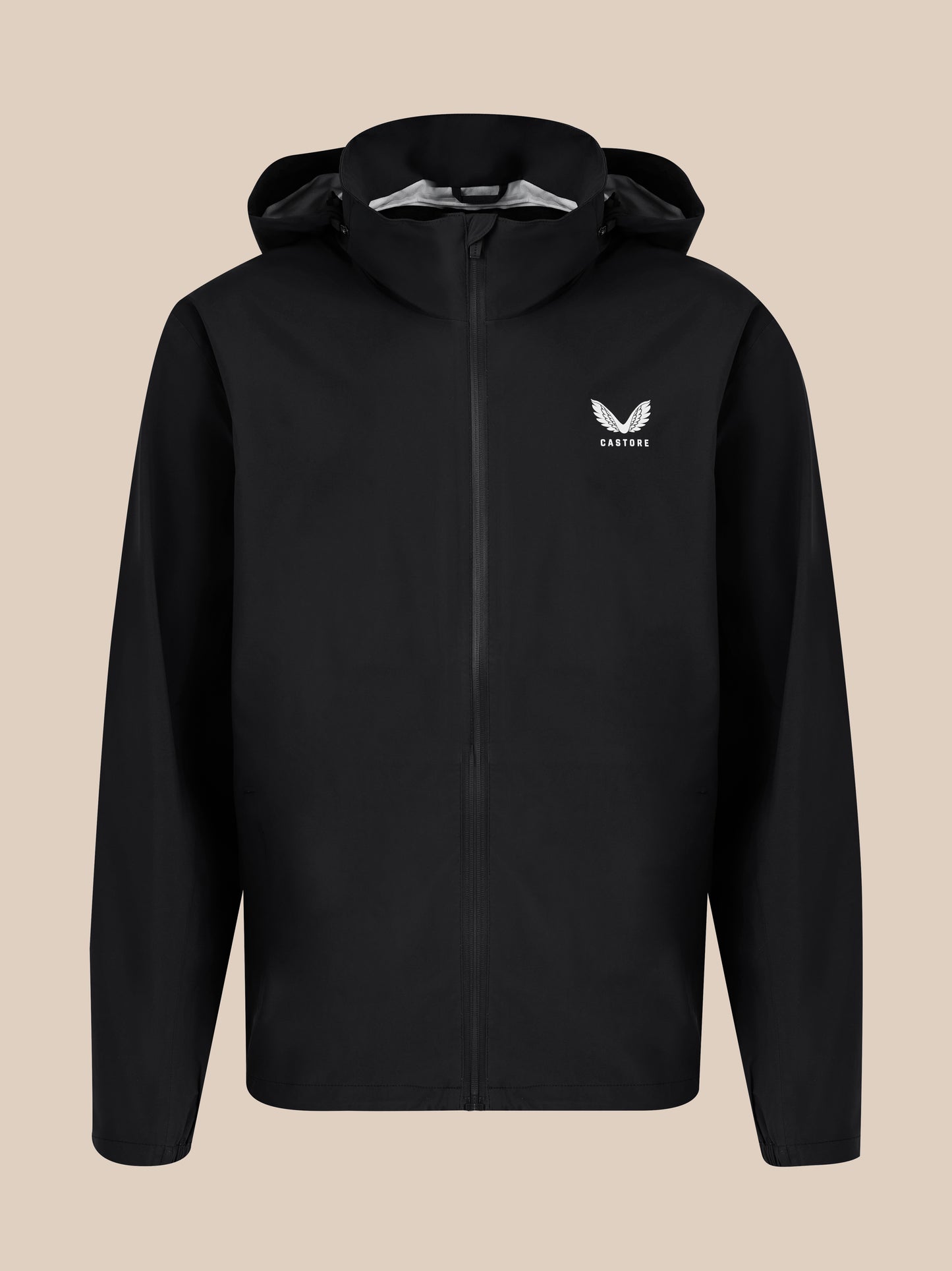 Front view of black unisex waterproof jacket with hood down and small white logo on chest