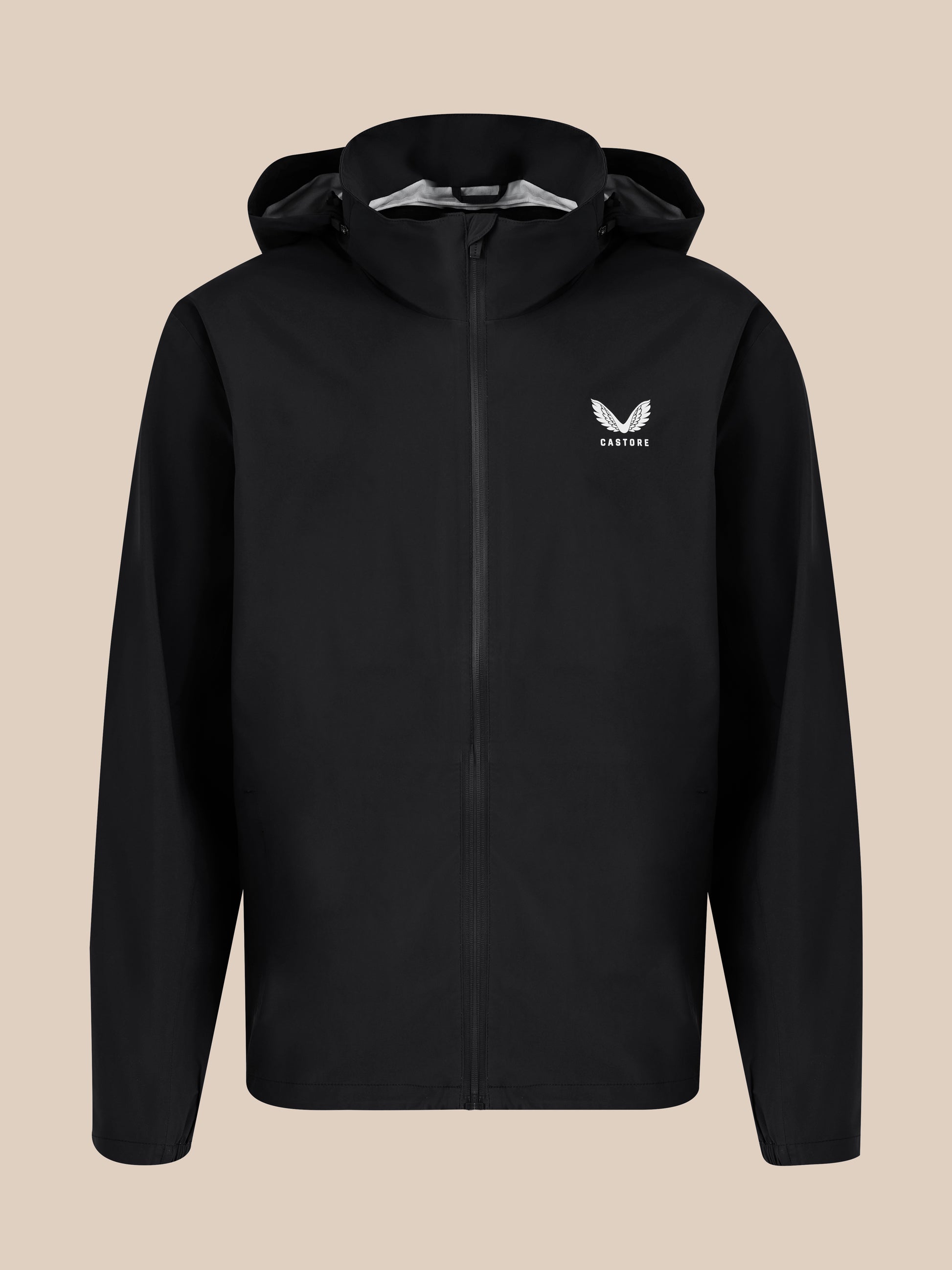 Front view of black unisex waterproof jacket with hood down and small white logo on chest