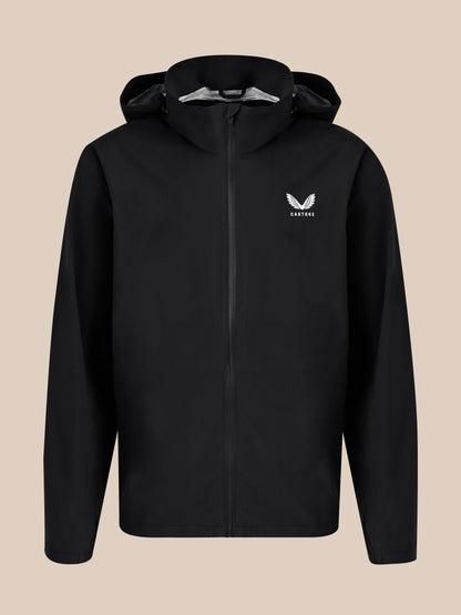 Front view of black unisex waterproof jacket with hood down and small white logo on chest