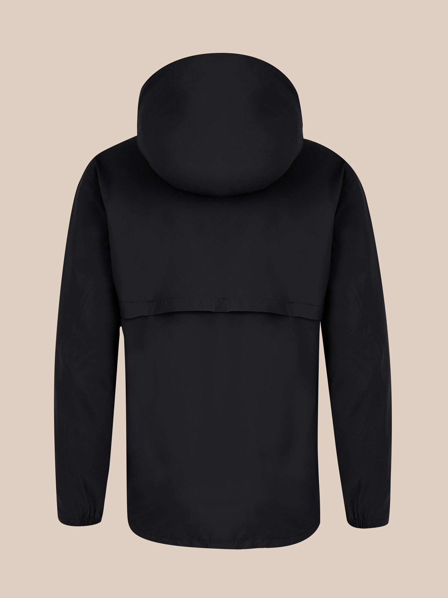 Back view of black unisex waterproof jacket with hood up and streamlined silhouette