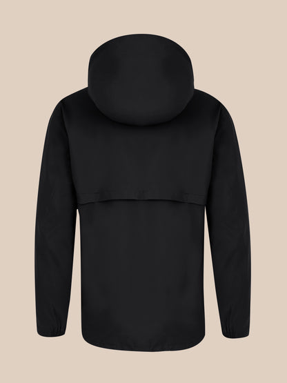 Back view of black unisex waterproof jacket with hood up and streamlined silhouette