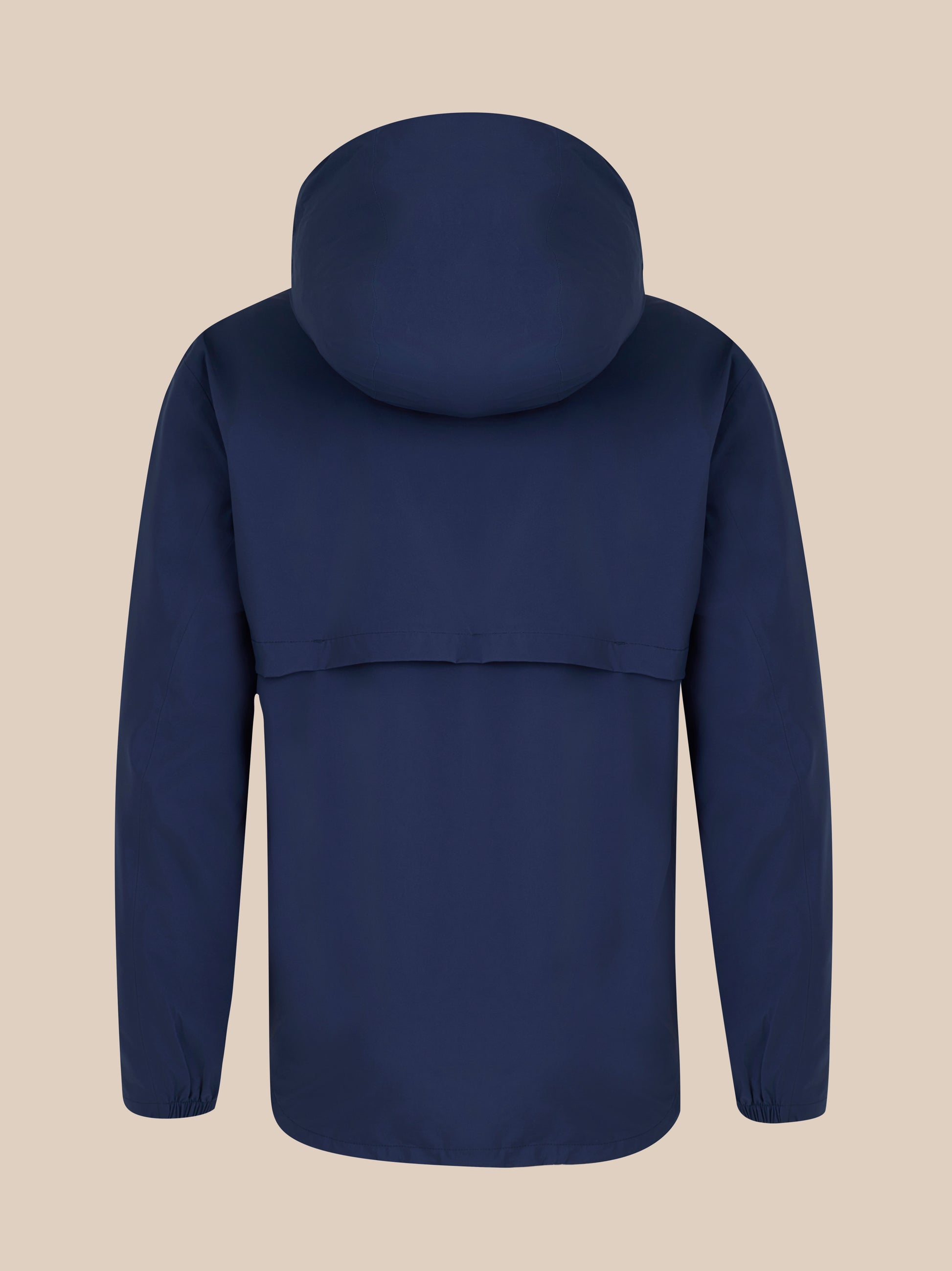 Back view of navy waterproof jacket with hood on, showing a clean silhouette against a beige background