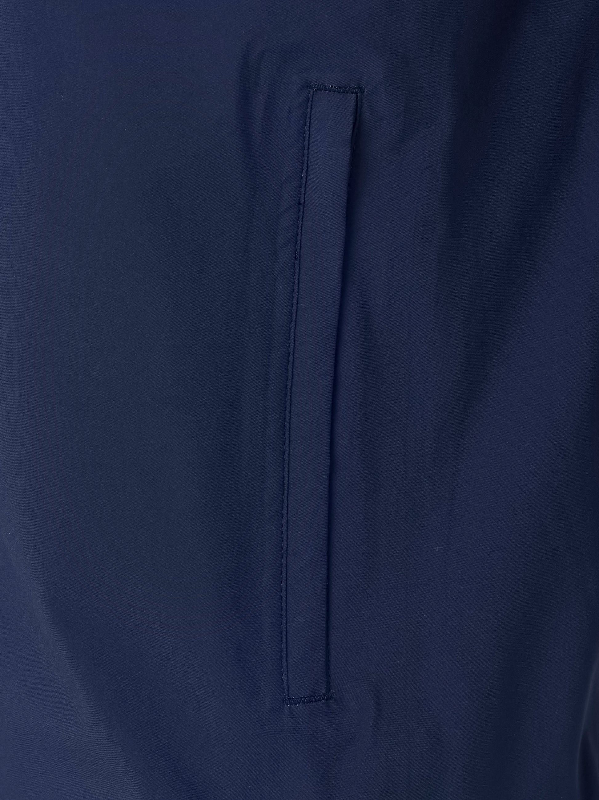 Close up of navy waterproof jacket fabric showing a vertical pocket opening with reinforced seam