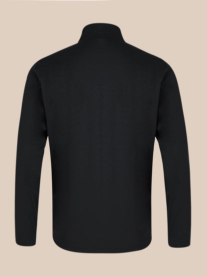 Back view of black unisex softshell jacket with high collar and clean silhouette
