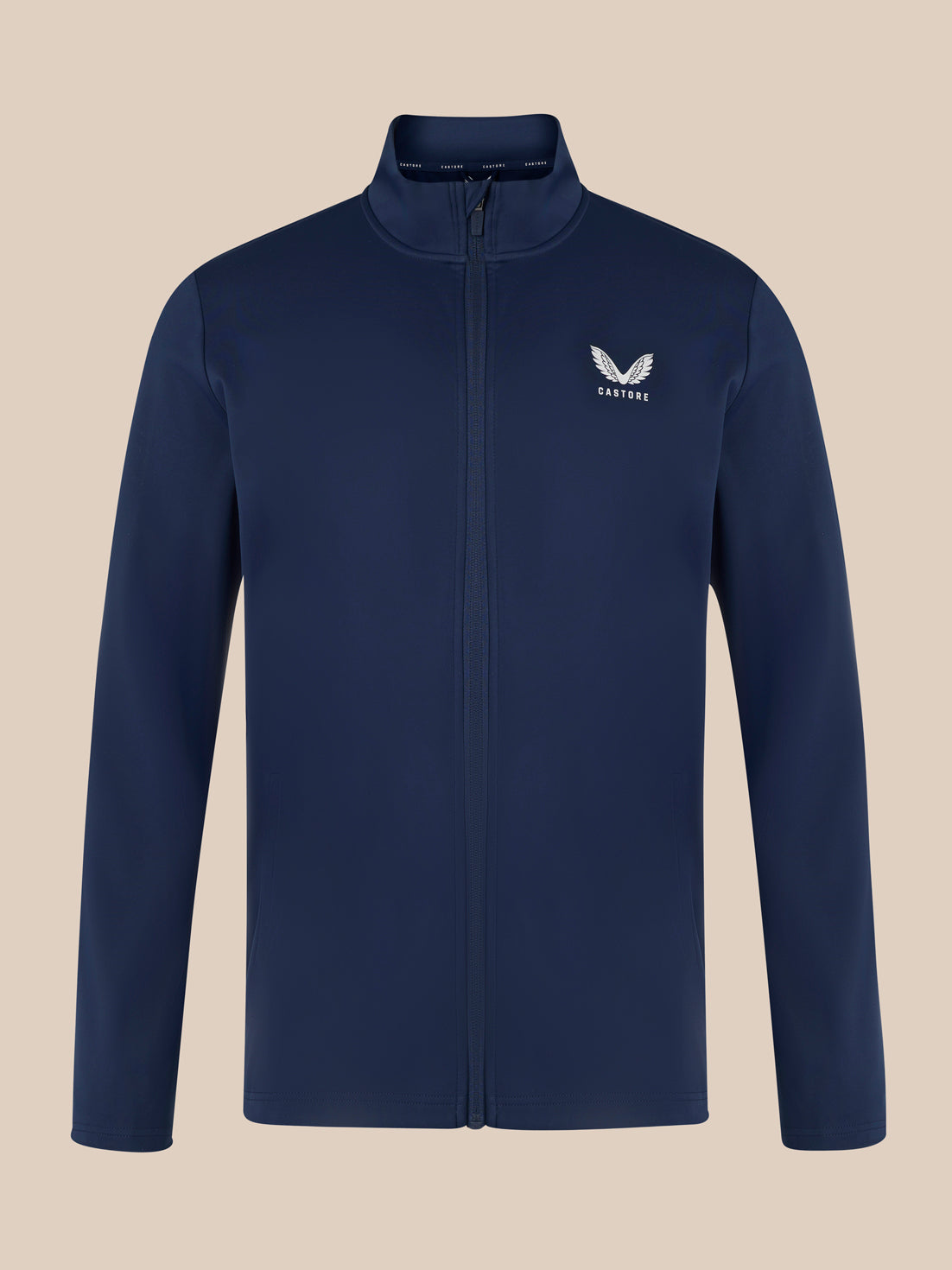 Navy unisex softshell jacket with full front zipper and high collar, chest logo.