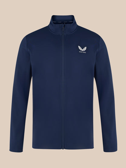 Navy unisex softshell jacket with full front zipper and high collar, chest logo.