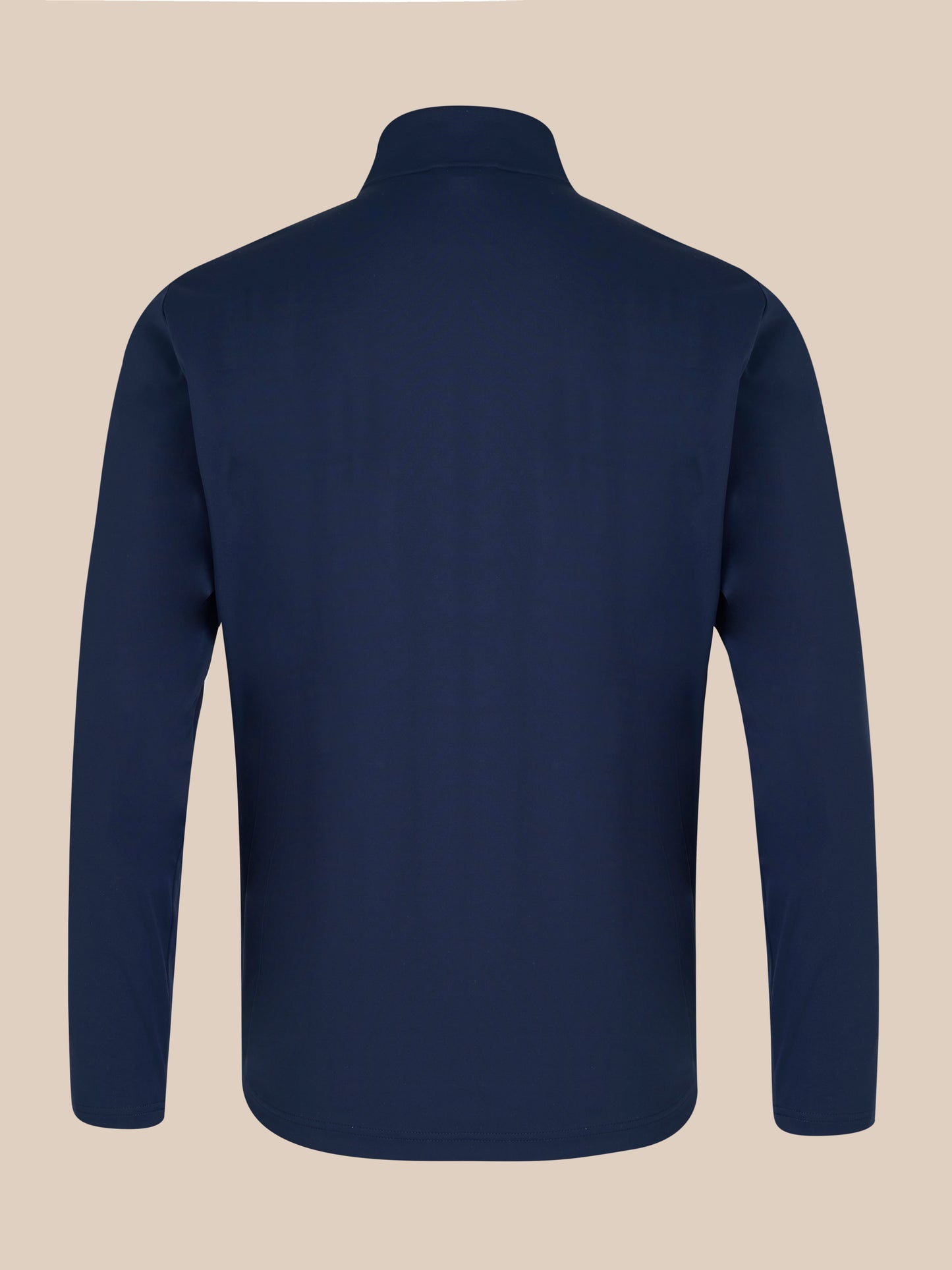 Navy unisex softshell jacket shown from the back with a high neck collar and minimal branding.