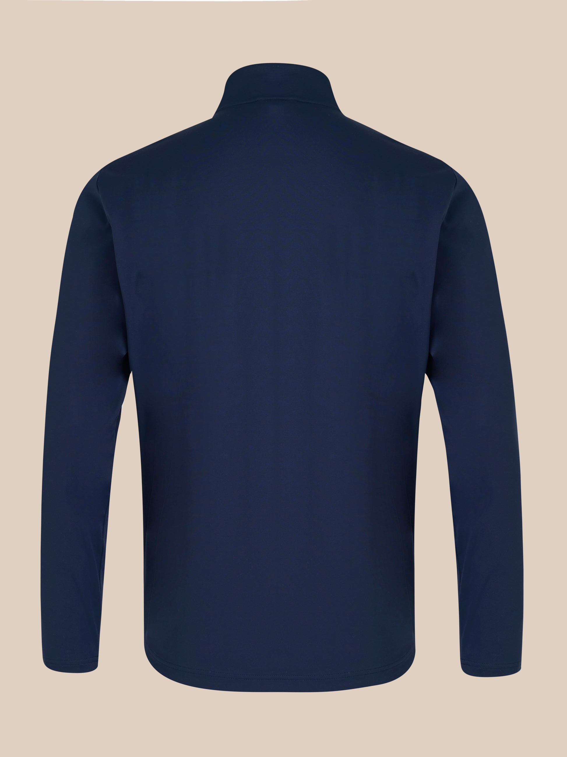 Navy unisex softshell jacket shown from the back with a high neck collar and minimal branding.