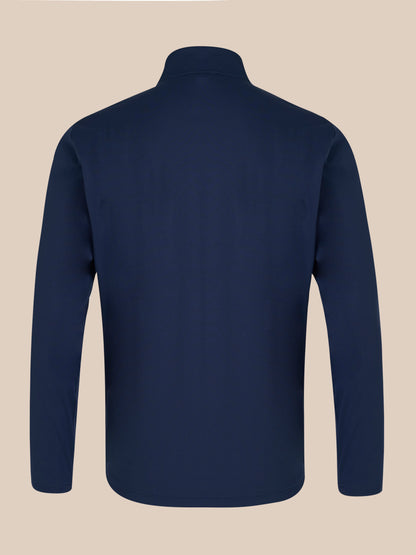 Navy unisex softshell jacket shown from the back with a high neck collar and minimal branding.