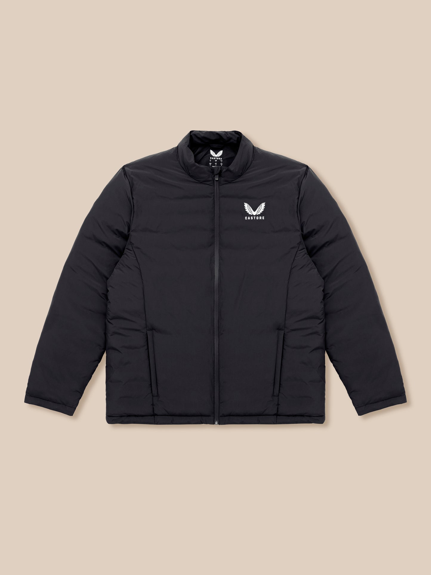 Black padded unisex jacket with white wing logo on the left chest and full front zipper