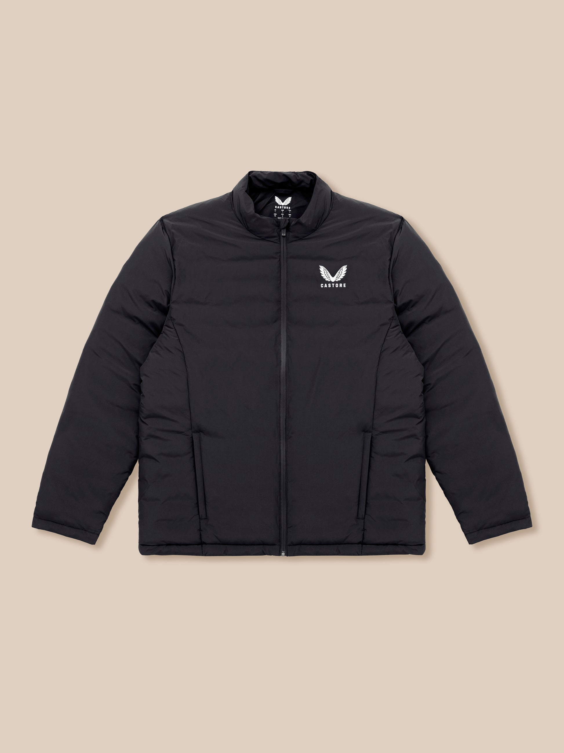 Black padded unisex jacket with white wing logo on the left chest and full front zipper