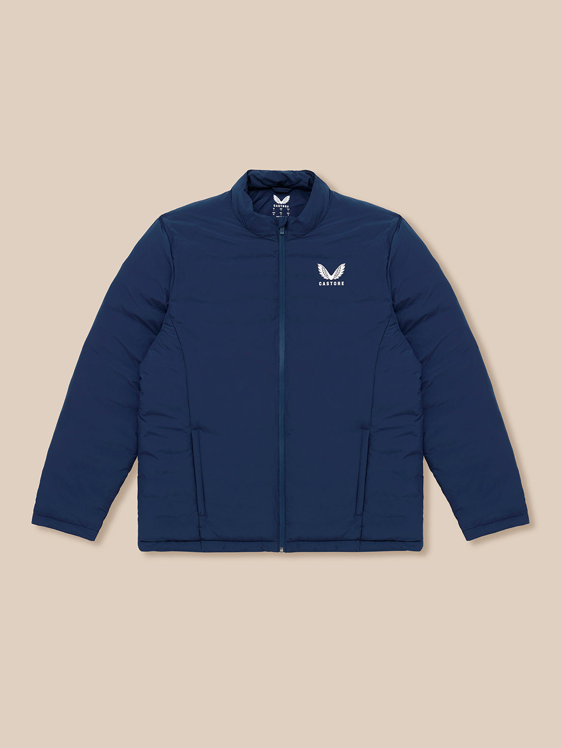 Front view of navy padded jacket with full zipper and chest logo