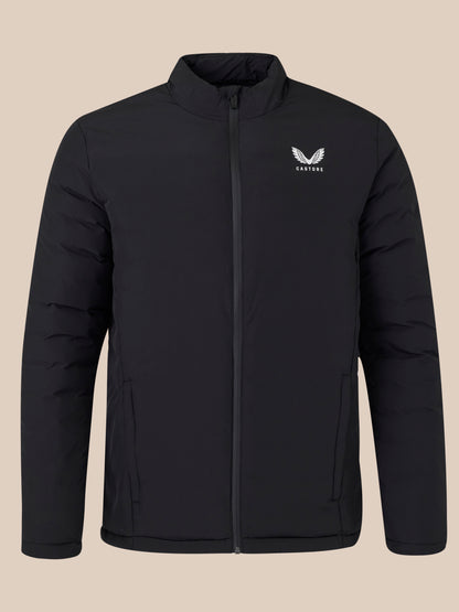 Black padded jacket with full length zipper and Castore logo on the left chest