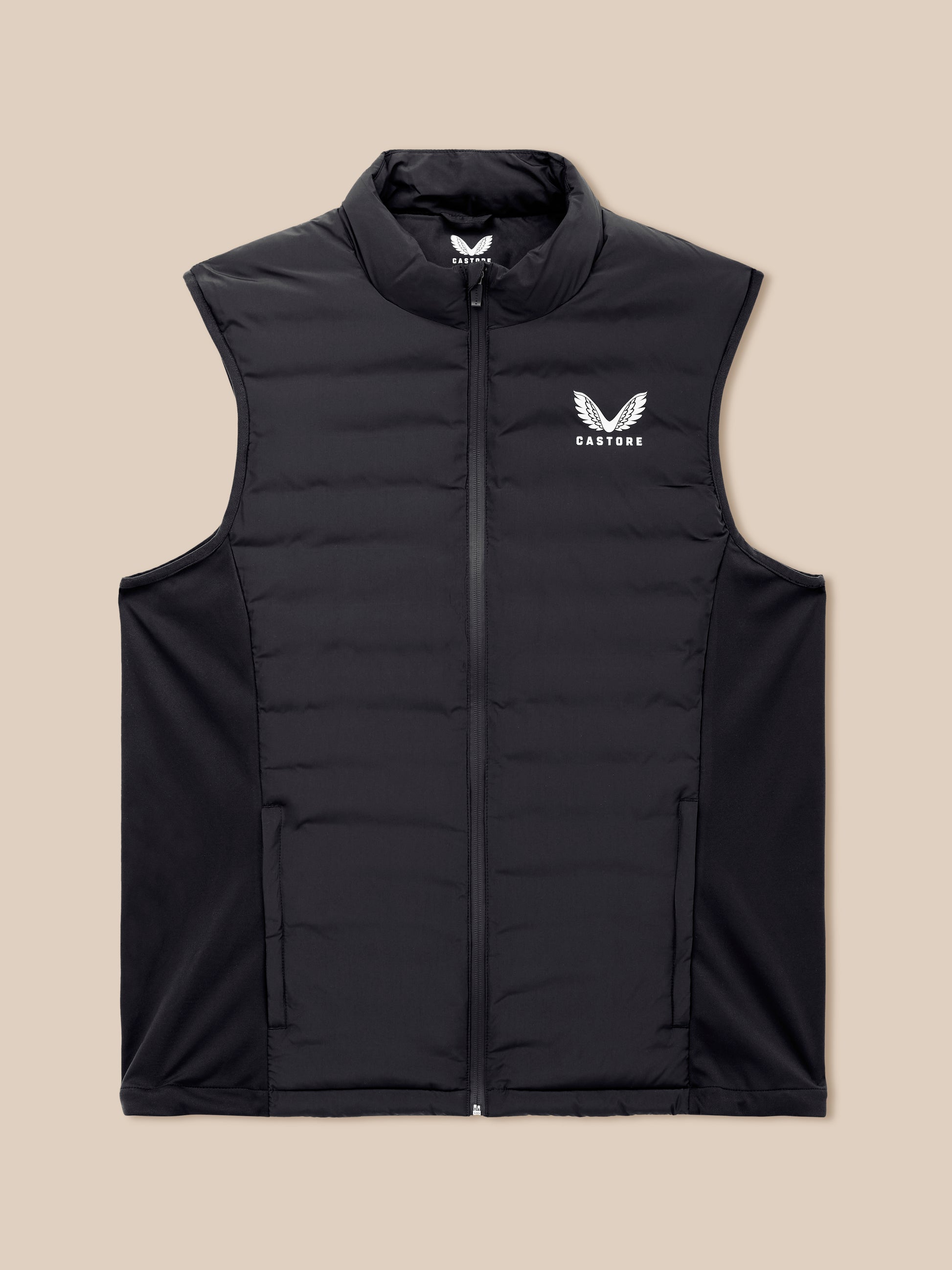 Black padded unisex gilet with white wing logo and CASTORE text on the chest