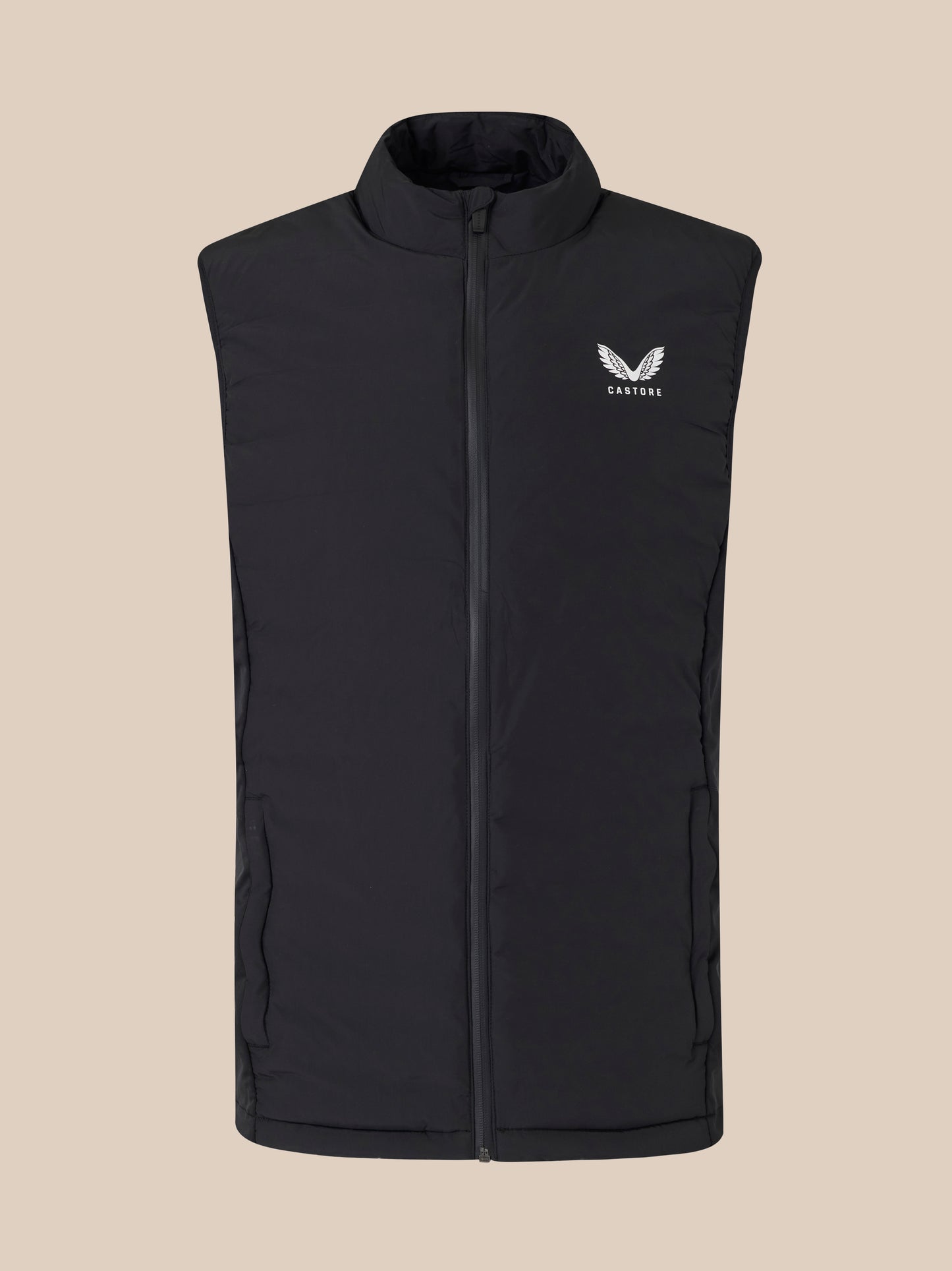 Black padded gilet with high collar and logo on the chest