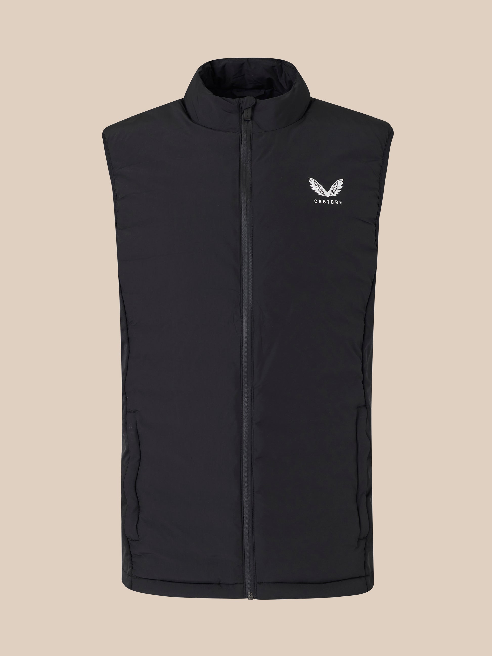 Black padded gilet with high collar and logo on the chest