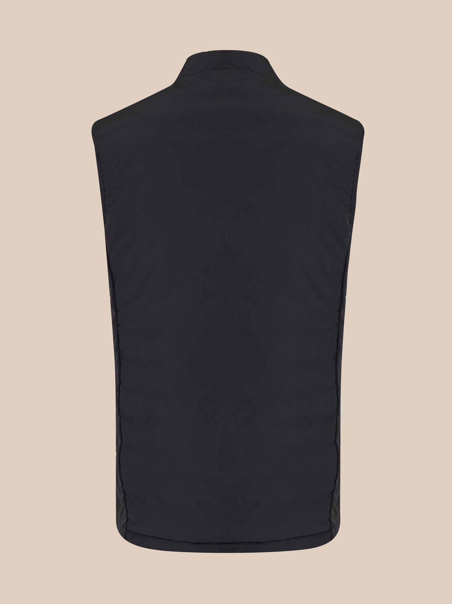 Back view of black padded gilet with high collar and streamlined silhouette