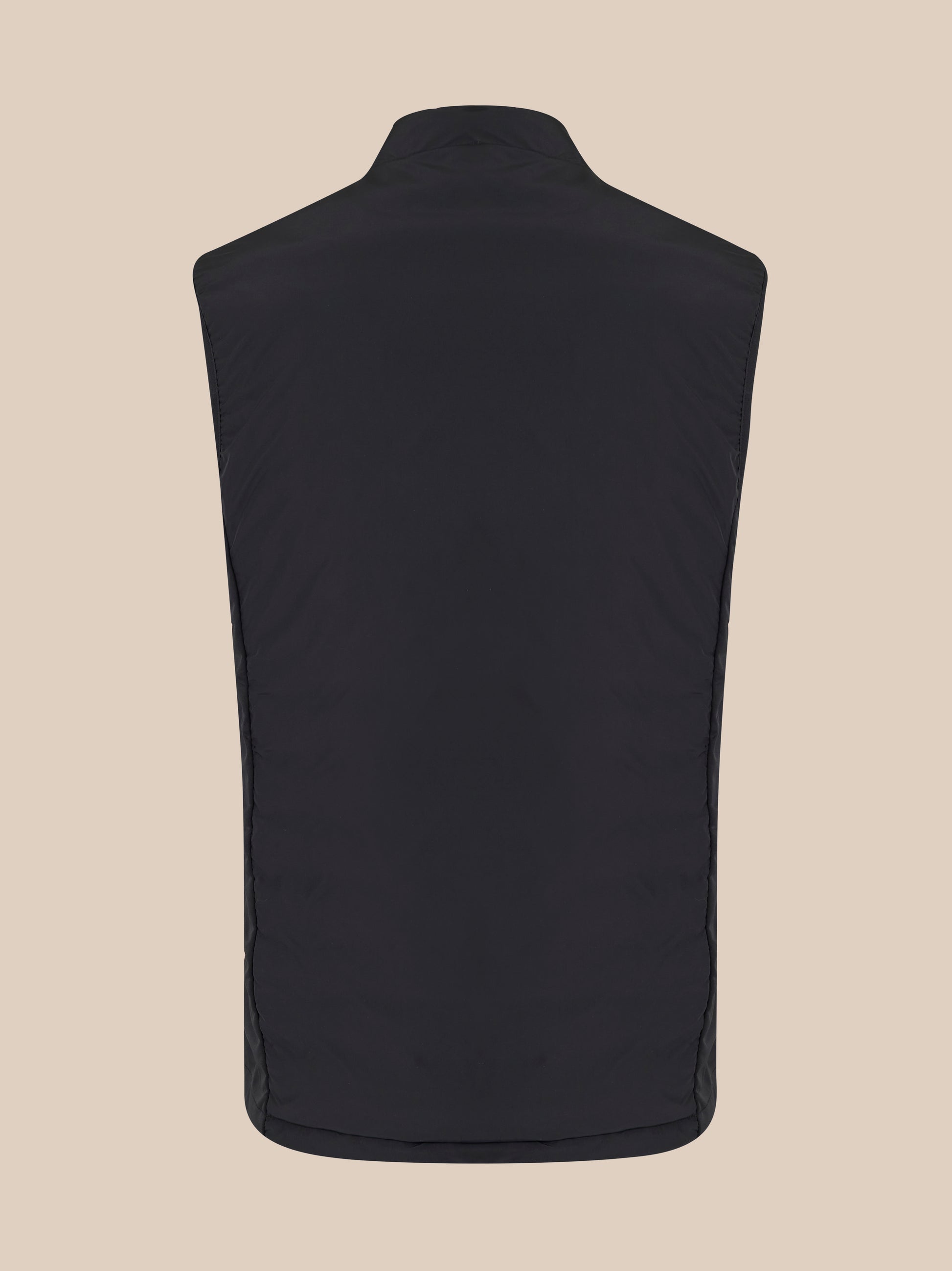 Back view of black padded gilet with high collar and streamlined silhouette