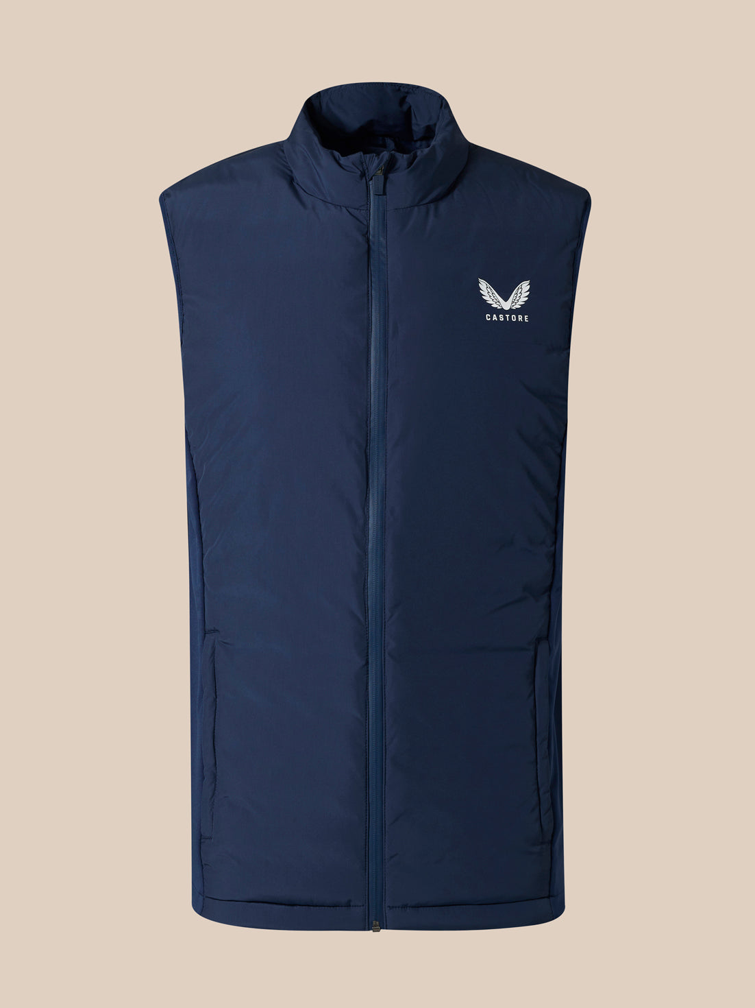 Front view of navy padded gilet with full-length zipper and white logo on the left chest
