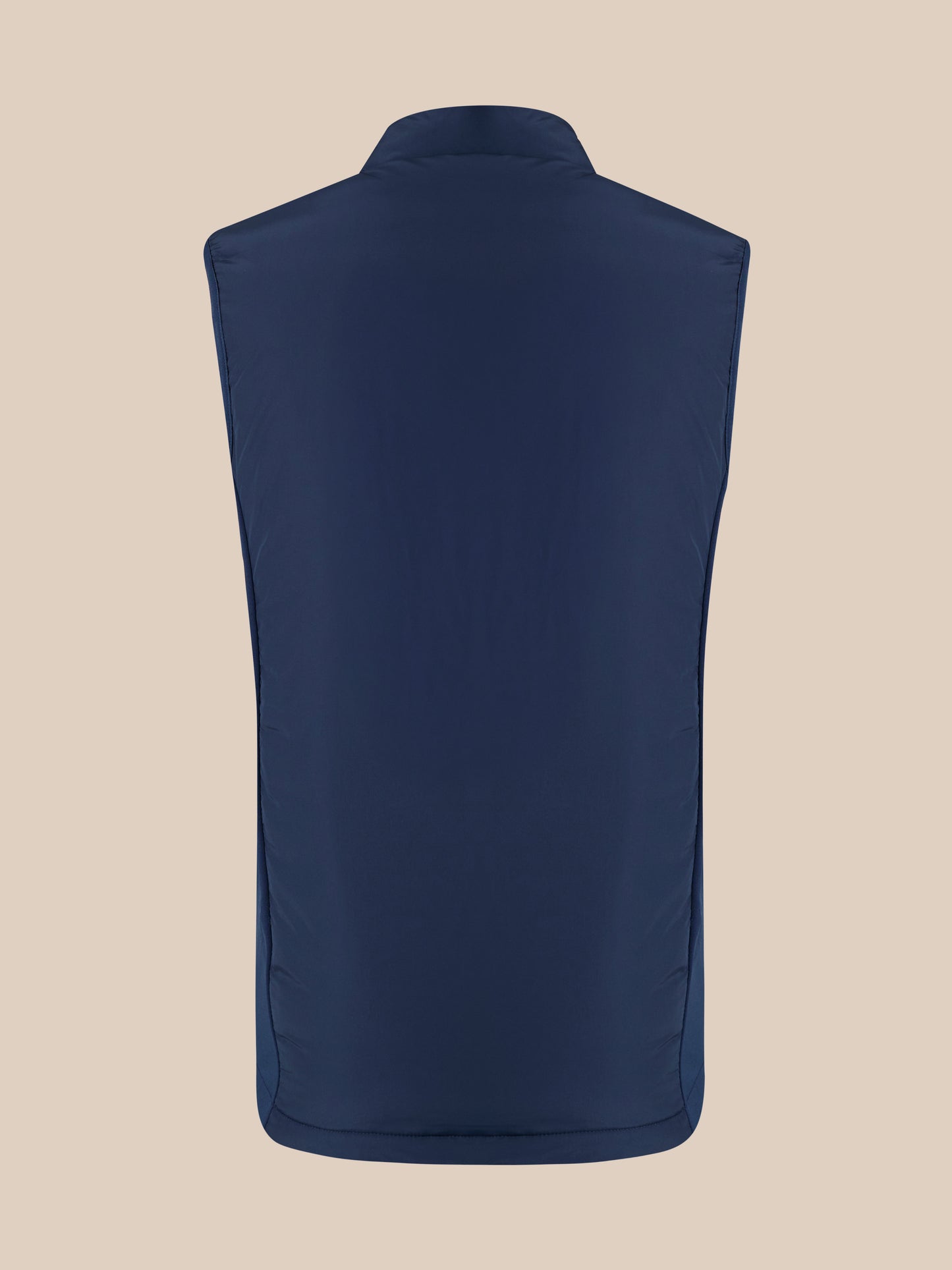 Back view of navy padded gilet with high collar and clean panels